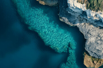 Aerial view of turquoise water meeting rocky cliffs on a sunny day.