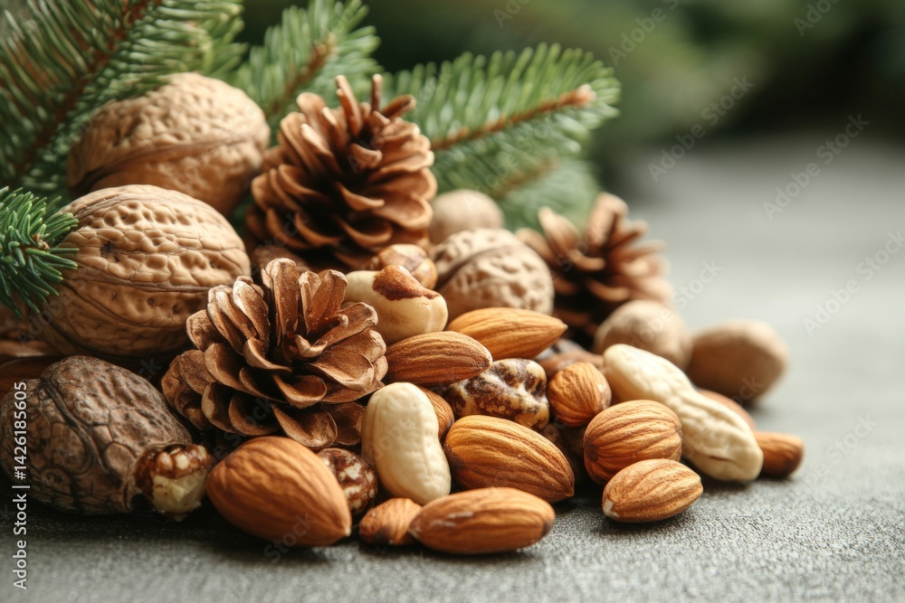 Poster Collection of nuts and pine cones arranged on a rustic surface with greenery surrounding them in a cozy setting