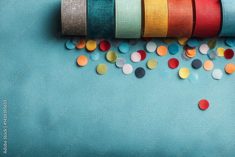Poster colorful ribbons and paper circles scattered on a blue background for crafting projects in a creativ