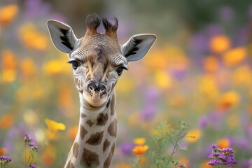 Obraz premium Close-up of young giraffe's head and neck against blurred background of yellow and purple flowers, showcasing innocence and natural beauty
