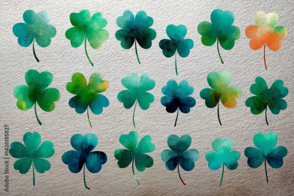 Aufkleber artwork displaying a collection of vibrant green clovers on textured paper background