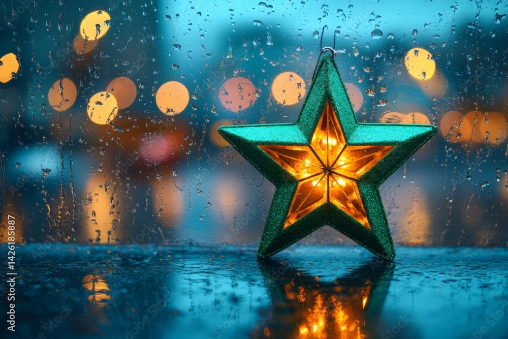 Poster Decorative green star shines through rain-covered window with blurred city lights in the background during evening hours