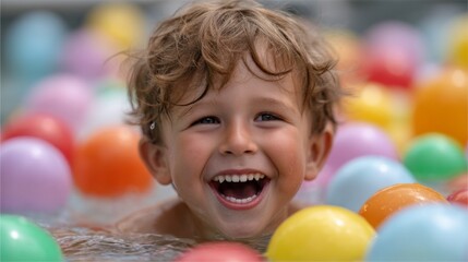 A cheerful young boy swims joyfully in a clear pool filled with vibrant floating balls. His infectious smile radiates happiness on a warm and sunny day, creating a playful atmosphere