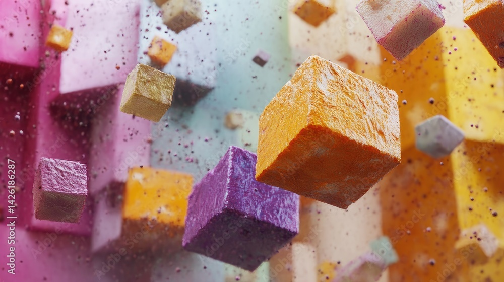 Poster A colorful arrangement of 3D cubes in various sizes, scattered in an abstract formation to create a visually striking and vibrant composition.