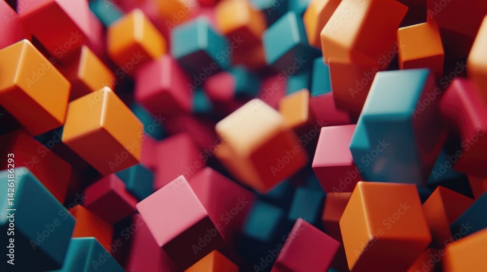 Poster A colorful arrangement of 3D cubes in various sizes, scattered in an abstract formation to create a visually striking and vibrant composition.