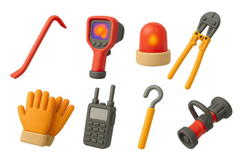 Firefighting tools icon set – 3d style emergency and safety equipment for first responders, rescue operations, and emergency services: fire extinguisher,