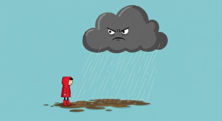 Child in red raincoat faces angry cloud during a rainy day