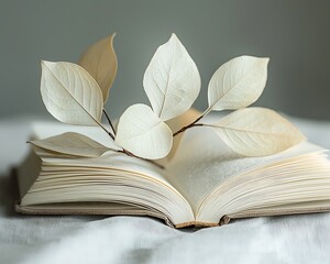Open book resting on a surface, with delicate light beige leaves