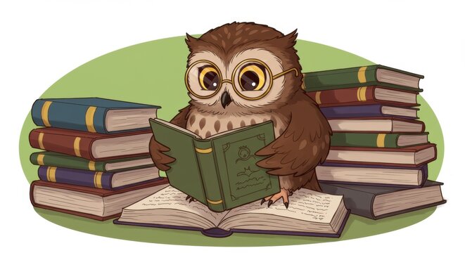 Owl reading a book with stacks of colorful literature around it
