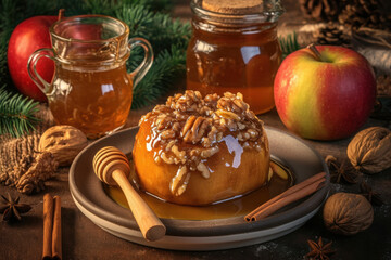 Apple cider and honey being poured into a cup, creating a delicious and soothing drink.