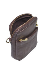 Naklejka premium Open brown leather crossbody bag with gold zippers on white background . Cut out isolated on white background