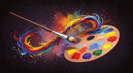 Vibrant paint palette and brush creating colorful artwork in studio setting