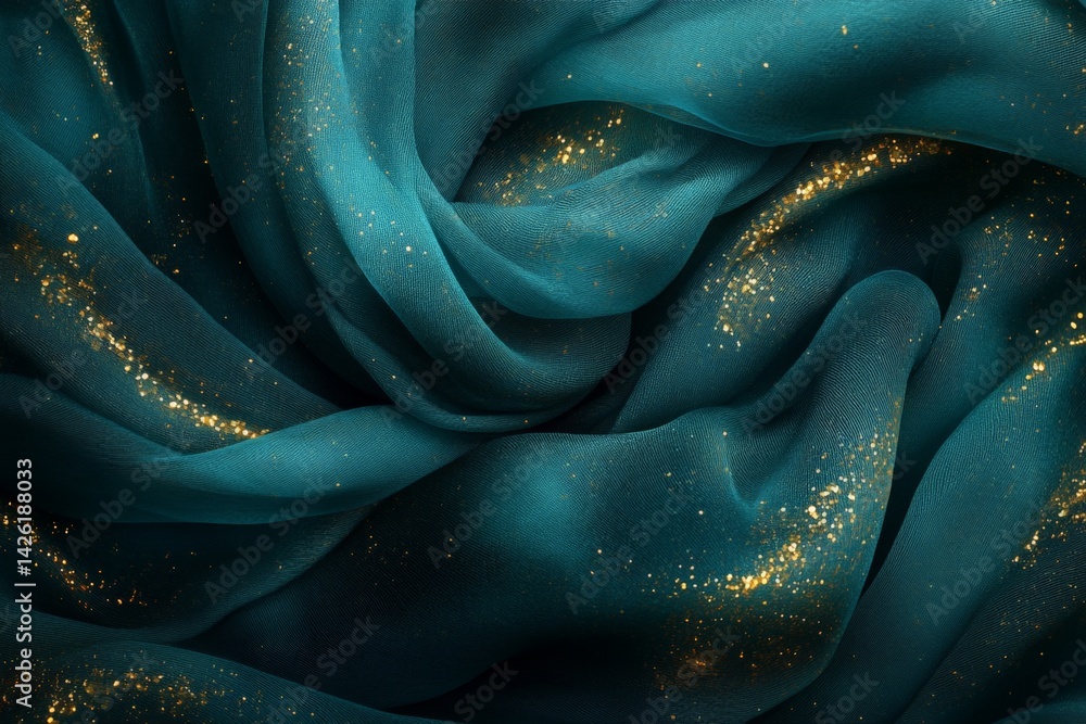 Aufkleber Elegant teal fabric draped with shimmering golden sparkles creating a luxurious texture
