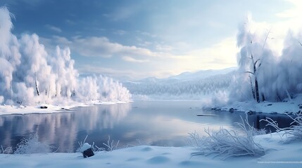 A peaceful winter landscape with snow-covered trees and a frozen lake.