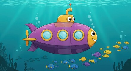 Colorful submarine navigates through vibrant underwater world with fish