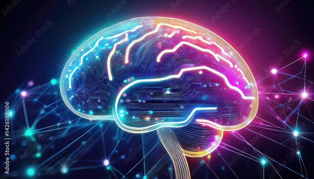 Poster futuristic neon abstraction illuminating a complex brain network with advanced digital connection, e
