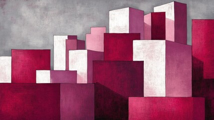 Fototapeta premium Abstract cityscape composed of geometric shapes in shades of red and white.