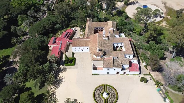 Aerial drone view of Santa Maria monastery in La Rabida. Rabida Monastery is a Franciscan monastery in the village of Palos de la Frontera, Huelva