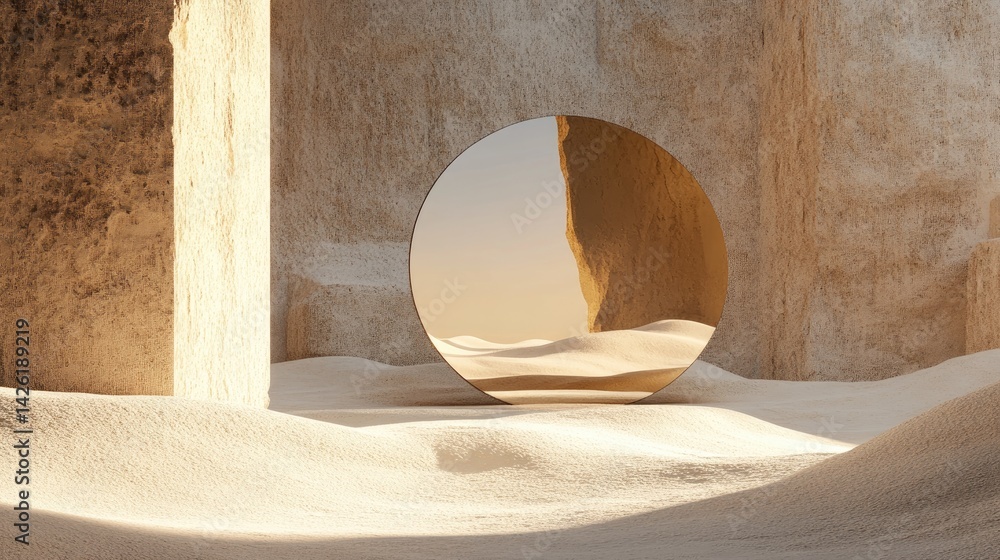Poster a contemporary abstract design featuring a round mirror in a desert setting, capturing the interplay