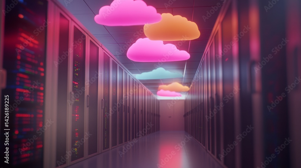 Leinwandbilder Digital clouds hover over rows of interconnected servers, with vibrant data streams flowing between them, showcasing the evolution of cloud technology