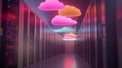 Digital clouds hover over rows of interconnected servers, with vibrant data streams flowing between them, showcasing the evolution of cloud technology