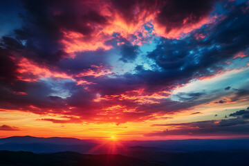 Obraz premium Colorful sunset sky with dramatic clouds over a dark horizon.