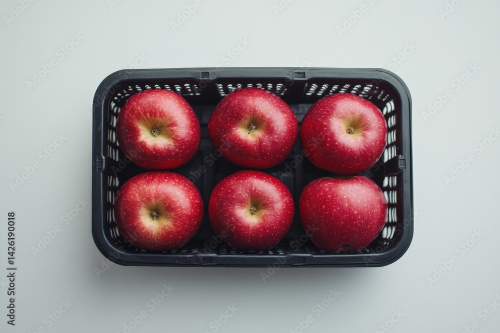 Poster fresh red apples arranged neatly in a black basket on a white surface