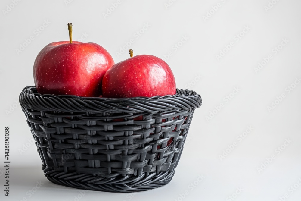Poster Red apples in a woven basket on a plain background creating a beautiful rustic display of fresh produce and simplicity