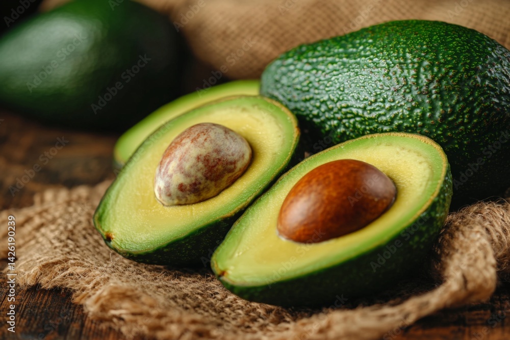 Poster Freshly cut avocados displayed on rustic burlap in a natural setting highlighting textures and colors