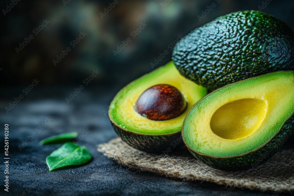 Poster freshly sliced avocados showcasing vibrant green flesh and a brown pit on a rustic burlap background