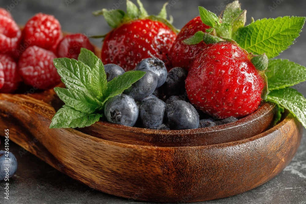 Poster fresh berries in a wooden bowl create a vibrant display of color and flavor on a dark countertop