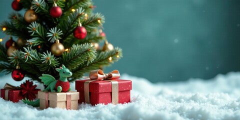 A Festive Winter Scene Featuring a Miniature Dragon Figurine Nestled Amongst Presents Beneath a Decorated Christmas Tree in a Snowy Setting