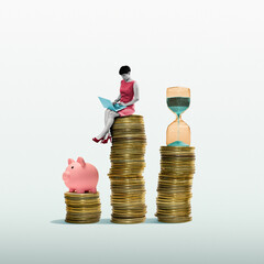 Three stacks of coins with symbolic objects representing key financial aspects: a piggy bank on the...