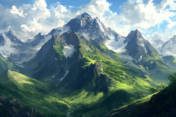 Fototapeta premium Mountain range with snow peaks green valleys and blue sky with clouds.