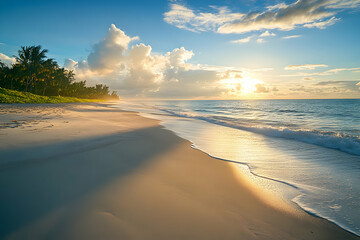 Fototapeta premium Ocean beach with waves trees and clouds at sunrise or sunset.