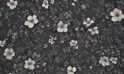 Fototapeta premium Subtle dark grey floral wallpaper Intricate vines & tiny blossoms, seamless , dark grey, dark, modern