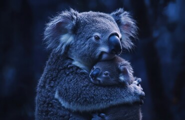 Naklejka premium Koala mother embracing joey at night in eucalyptus forest; wildlife conservation