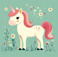 Delightful unicorn surrounded by flowers on a pastel green background in a charming vector illustration style