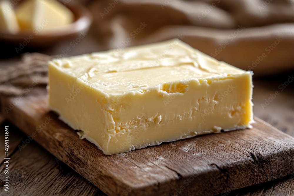 Poster freshly cut block of butter on a rustic wooden board in a cozy kitchen setting during daylight