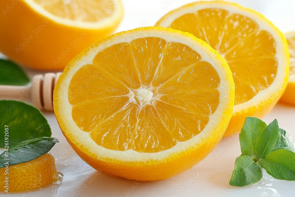 Poster freshly sliced lemon garnished with green leaves displayed on a bright surface for vibrant culinary 