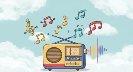 Colorful radio plays cheerful music among fluffy clouds in a bright sky