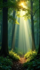 Sunbeams pierce dense forest canopy, illuminating dust motes , fairytale, background
