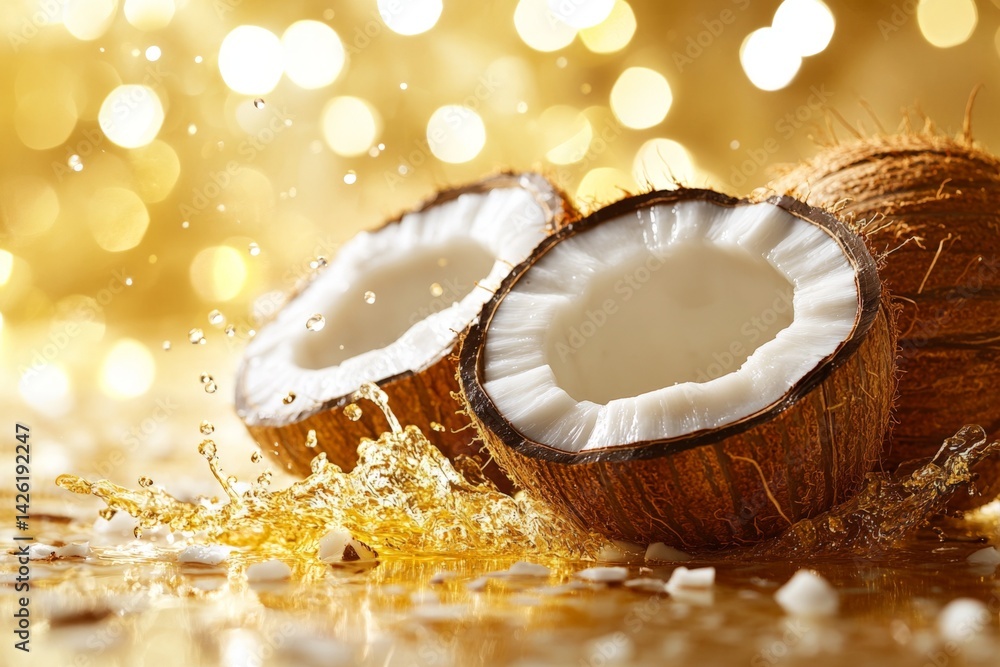 Aufkleber Coconuts split open with water droplets against a shimmering golden backdrop