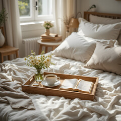 Sunlit Bedroom Sanctuary: Coffee, Book, and Blooms on Wooden Tray