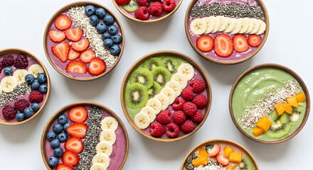 Vibrant Smoothie Bowl Assortment With Fresh Fruits And Nutritious Toppings