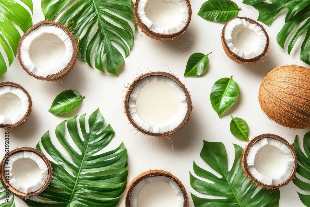 Poster fresh coconuts and tropical leaves arranged on a white surface for a vibrant natural setting