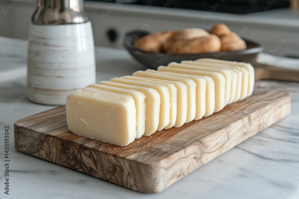 Poster slices of cheese arranged on a wooden cutting board in a kitchen setting with baked goods in the bac