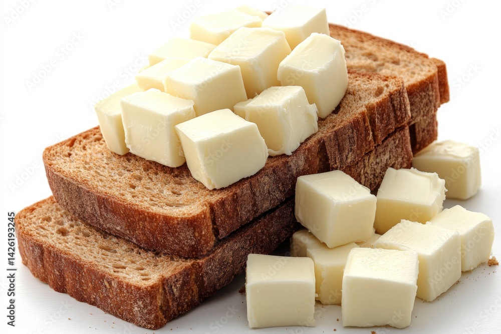 Poster freshly sliced brown bread topped with creamy butter cubes ready to serve at breakfast or snack time