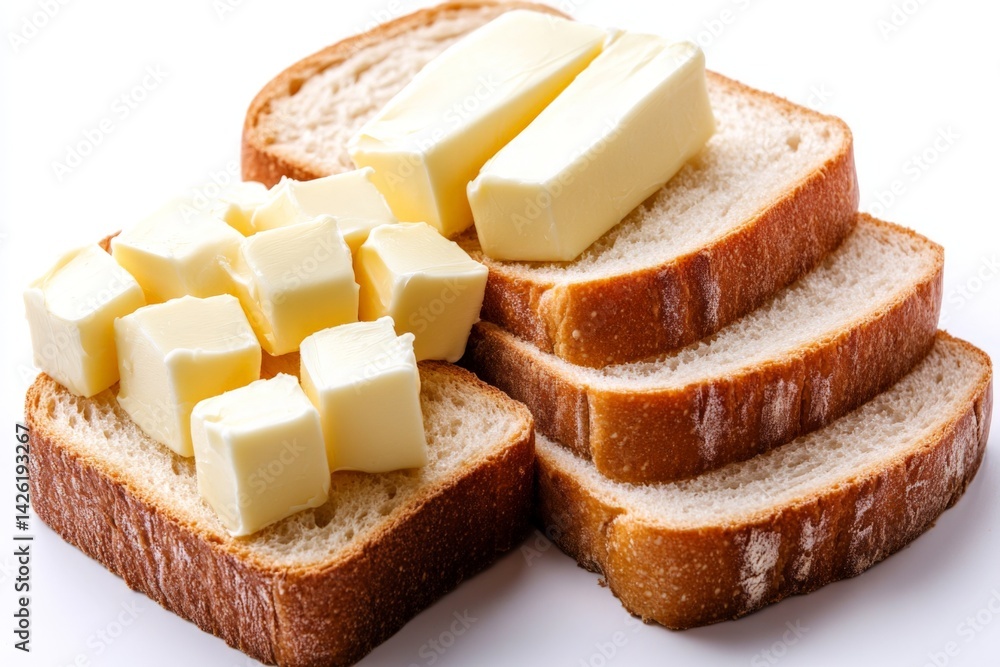 Poster slices of bread topped with buttery cubes prepared for a delicious snack or meal