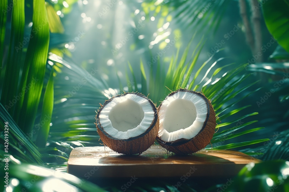 Poster freshly cut coconuts resting on a wooden board surrounded by tropical foliage in a sunlit jungle set